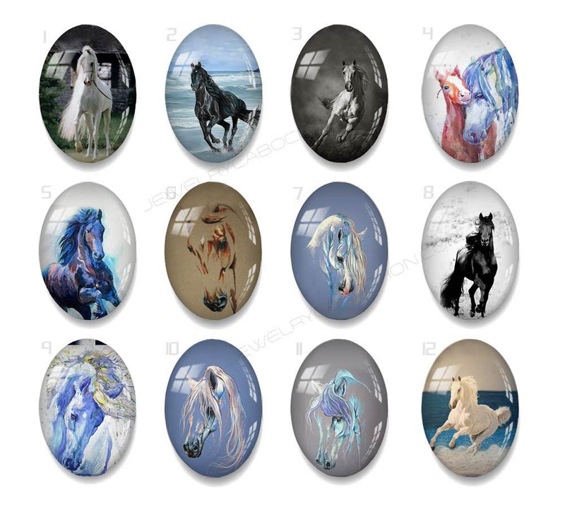 Handmade oval Photo Glass Cabochons animal horse A604