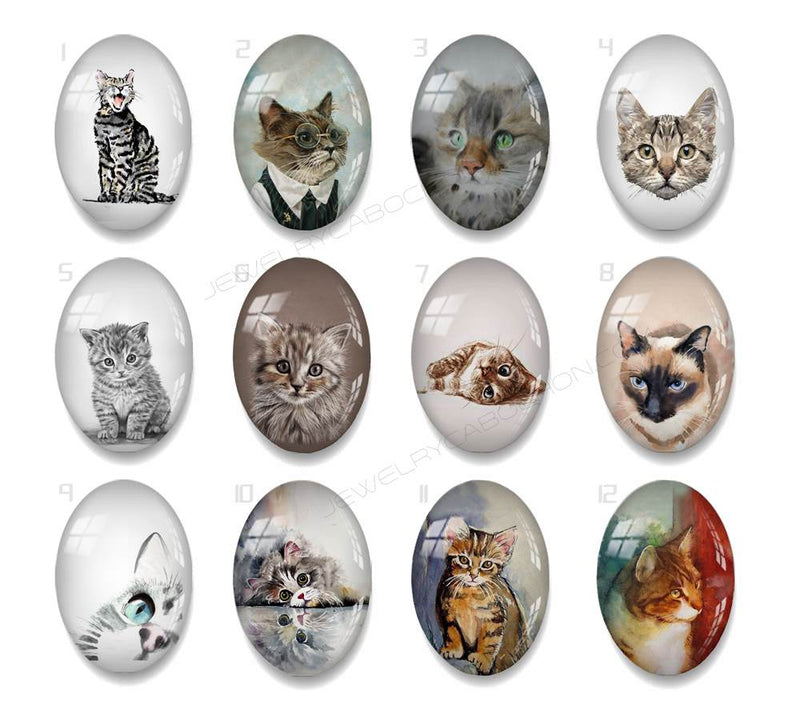 Handmade oval Photo Glass Cabochons animal Cat A605