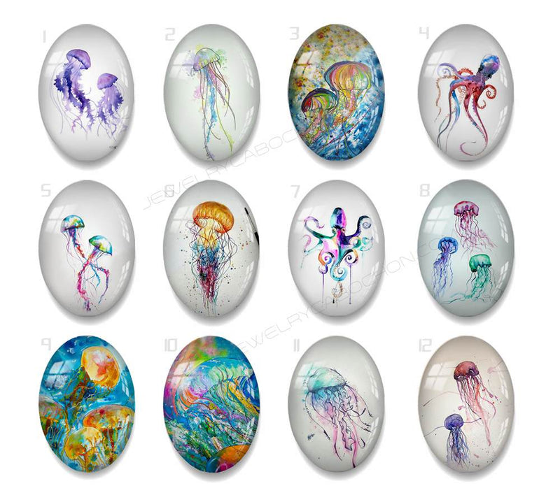 Handmade oval Photo Glass Cabochons Jellyfish A614