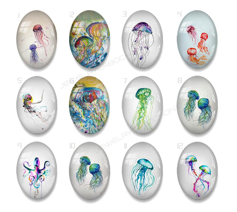 Handmade oval Photo Glass Cabochons Jellyfish A654