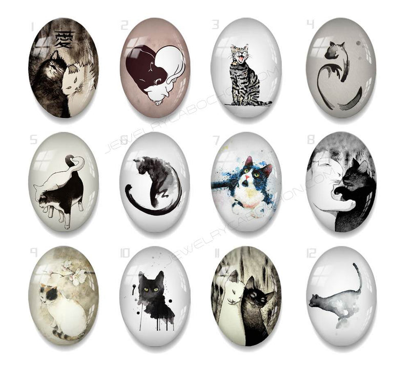 Handmade oval Photo Glass Cabochons animal Cat A657