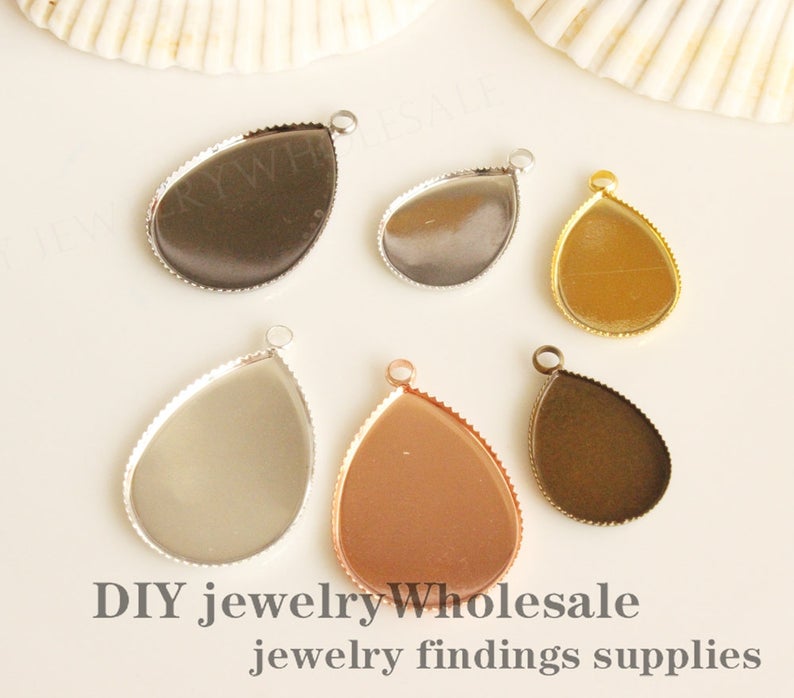 20pcs  10x14mm/ 13x18mm / 18x25mm Teardrop brass Pendant Trays, Pendant Blanks Bezel Base, Glass Cabochon Settings