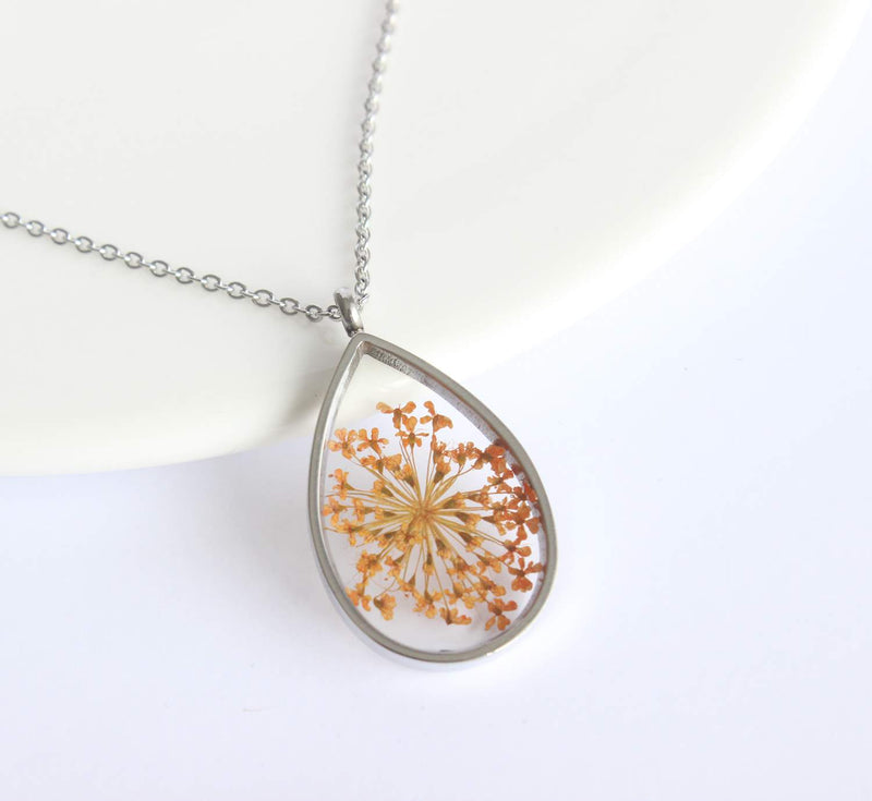 Teardrop Pressed Flower Pendant Necklace, Real Dried Flower Resin Jewellery