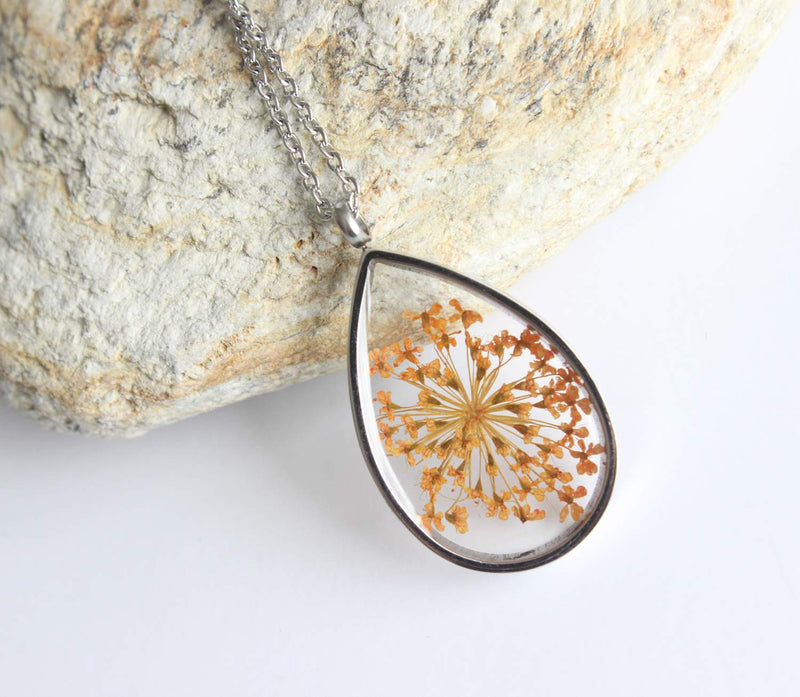 Teardrop Pressed Flower Pendant Necklace, Real Dried Flower Resin Jewellery