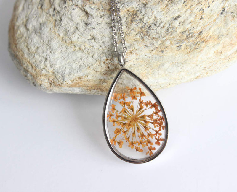 Teardrop Pressed Flower Pendant Necklace, Real Dried Flower Resin Jewellery