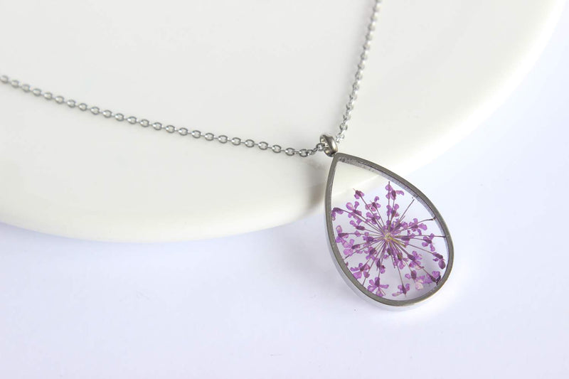 Teardrop Pressed Flower Pendant Necklace, Real Dried Flower Resin Jewellery