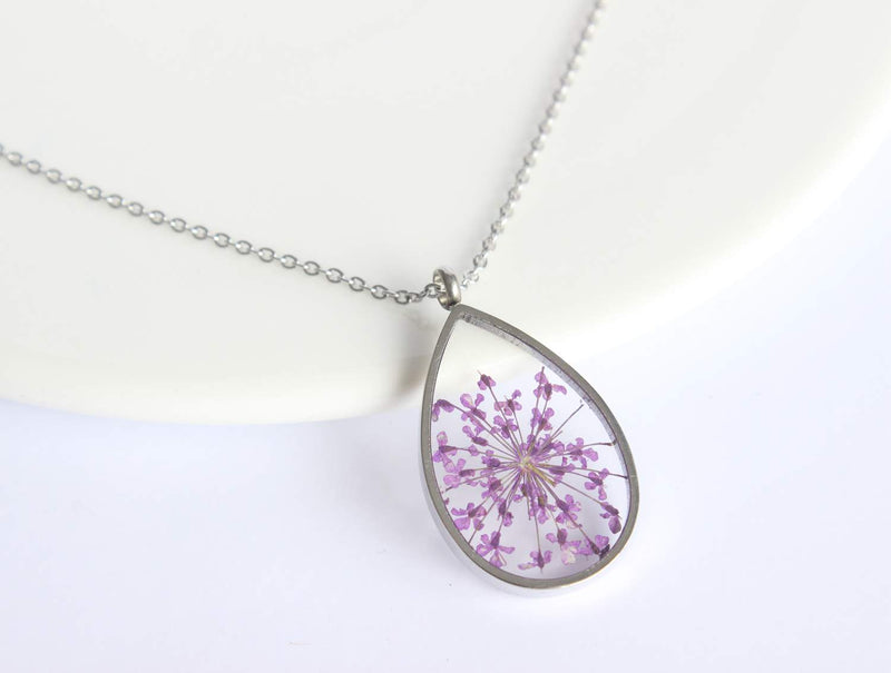 Teardrop Pressed Flower Pendant Necklace, Real Dried Flower Resin Jewellery