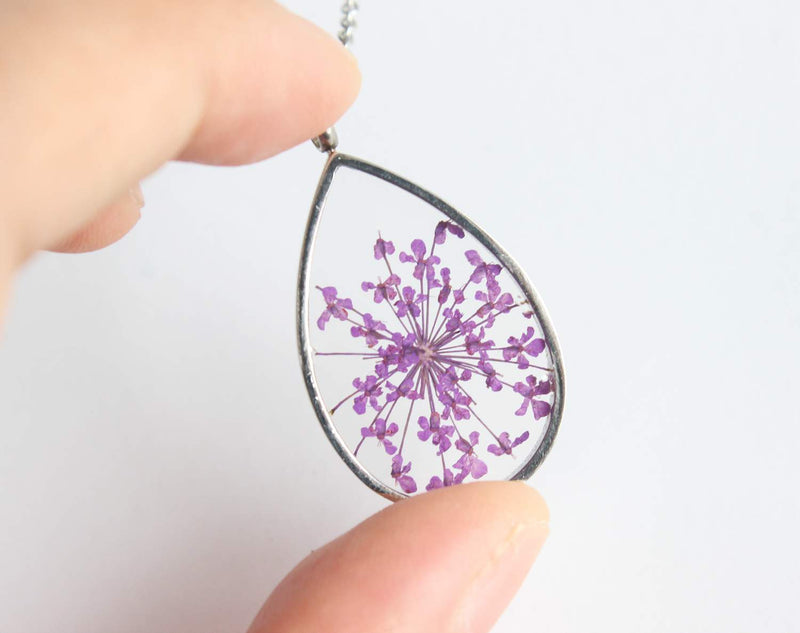 Teardrop Pressed Flower Pendant Necklace, Real Dried Flower Resin Jewellery