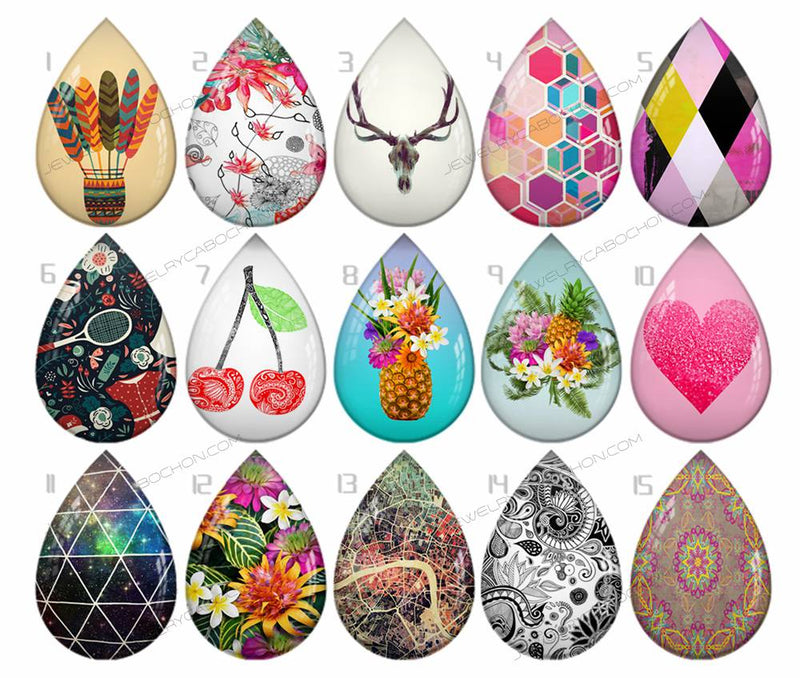 Handmade Teardrop Photo Glass Cabochons pattern geometric 749 B