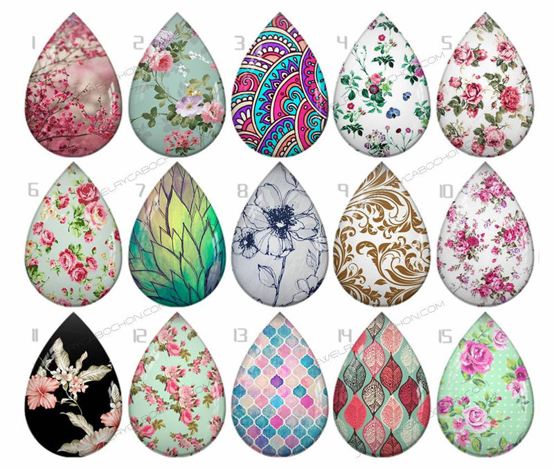 Handmade Teardrop Photo Glass Cabochons pattern flower 809 B