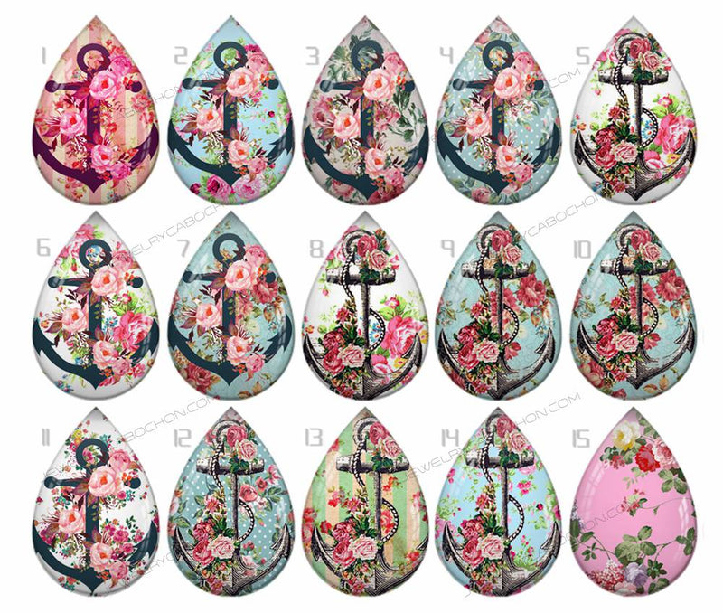 Handmade Teardrop Photo Glass Cabochons pattern flower 810 B
