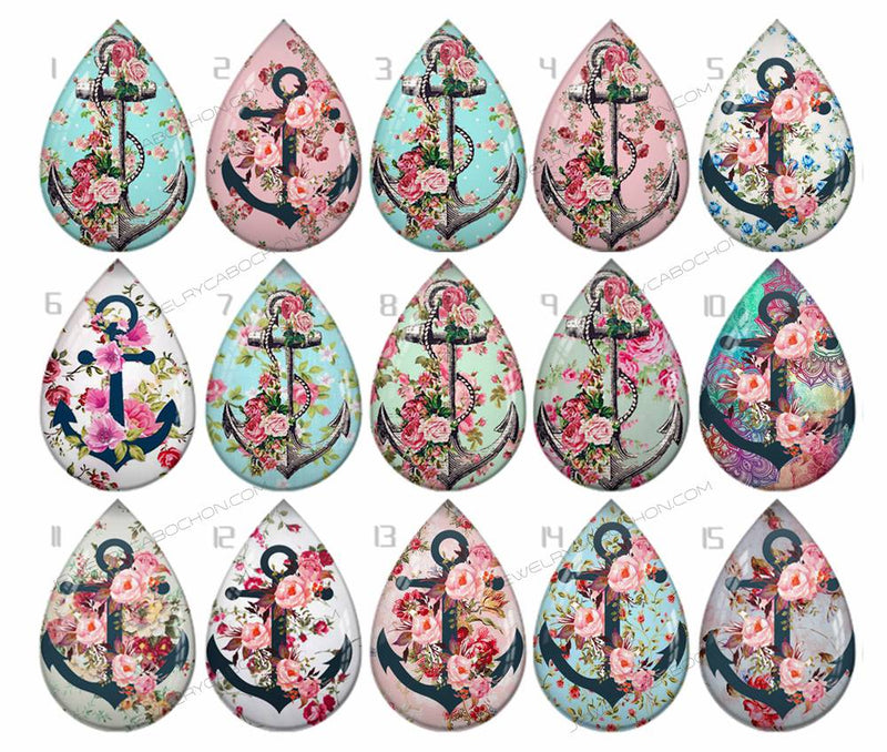Handmade Teardrop Photo Glass Cabochons pattern flower 812 B