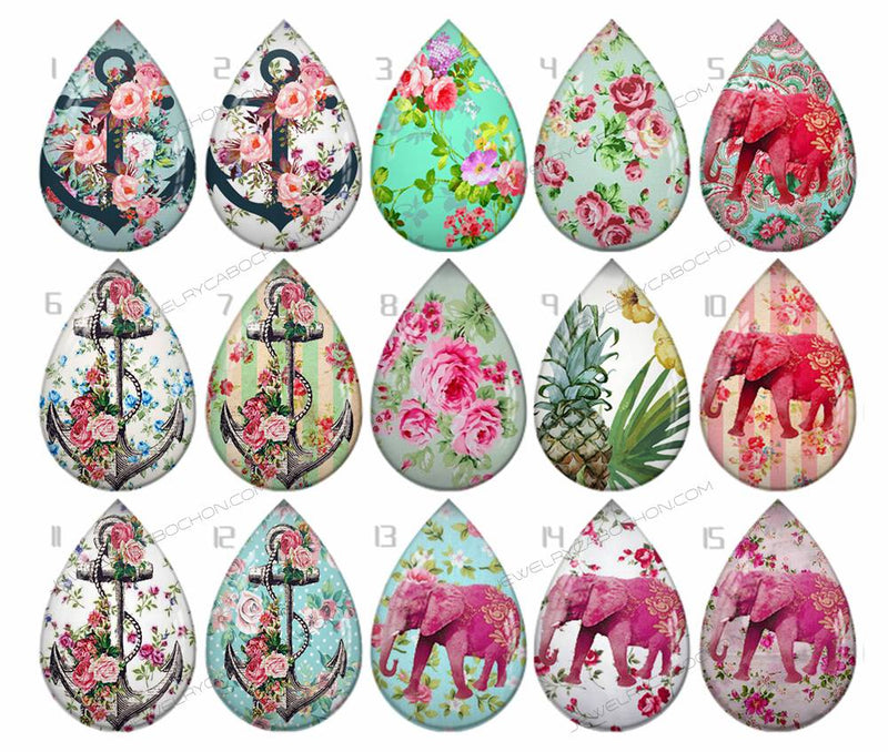 Handmade Teardrop Photo Glass Cabochons pattern flower 813 B