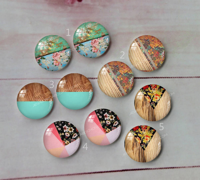 Handmade Round Photo Glass Cabachon geometric Wood grain A233