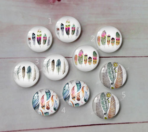 Handmade Round Photo Glass Cabachon feather  Colorful  A24