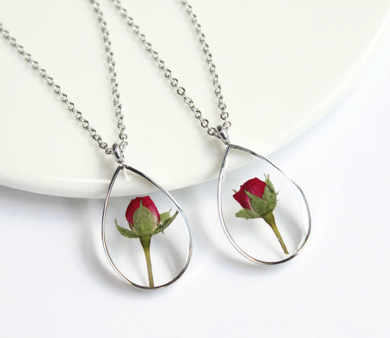 1pcs Handmade Real roses Teardrop pressed flower pendant jewelry