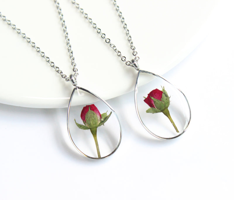 1pcs Handmade Real roses Teardrop pressed flower pendant jewelry