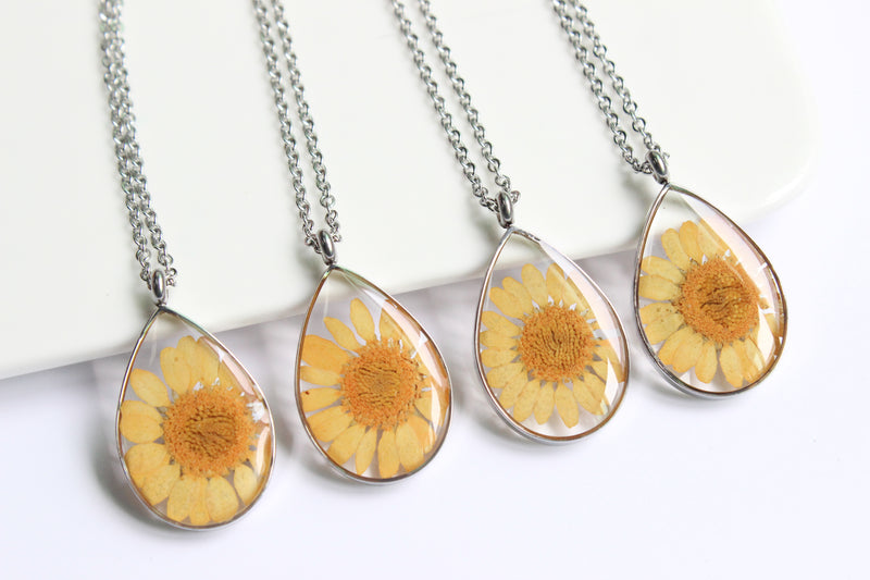 1pcs Handmade flower jewelry,Orange chrysanthemum teardrop pressed flower pendant necklace