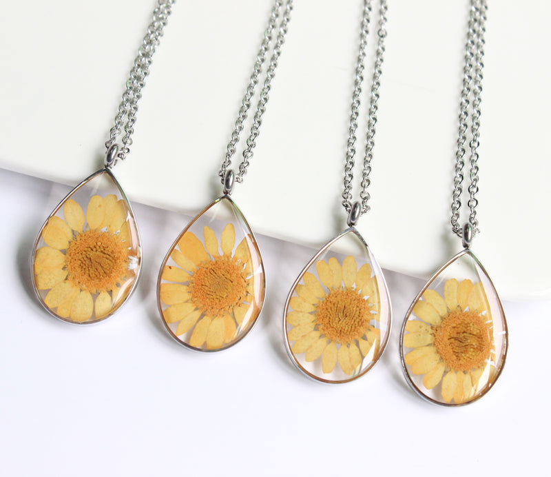 1pcs Handmade flower jewelry,Orange chrysanthemum teardrop pressed flower pendant necklace