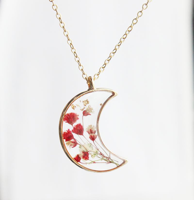 1pcs Crescent moon Pressed Flower Pendant necklace Earrings