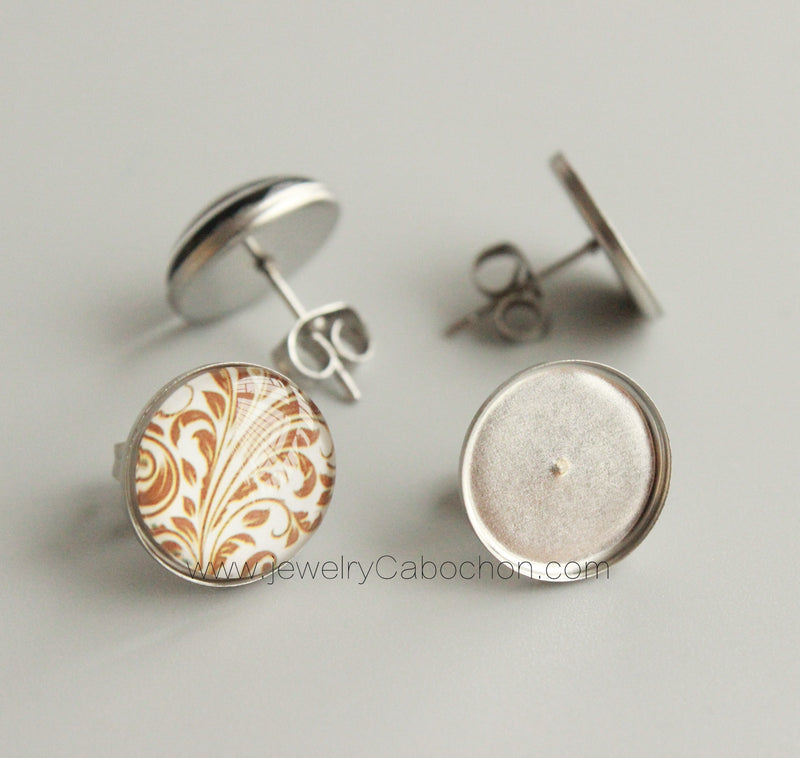 100pcs Surgical Stainless Steel Bezel Earring Studs Settings, Earrings Blanks,Bezel earrings Base with backs,No allergic Earring Posts