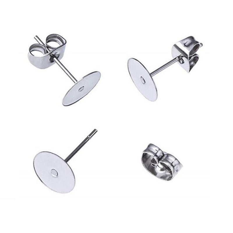 100pcs Earring Posts/Ear Nut Backs, Earring Studs, 3/4/5/6/8/10mm Glueable Flat Pad,Surgical Stainless Steel Bezel Base