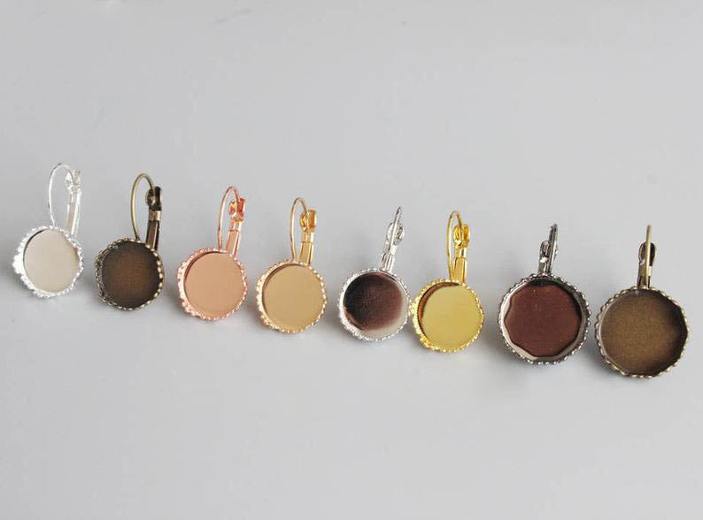 20pcs 12mm 15mm Crown Brass French Earwires Hook With Round Pad, Earring Bases setting Blanks
