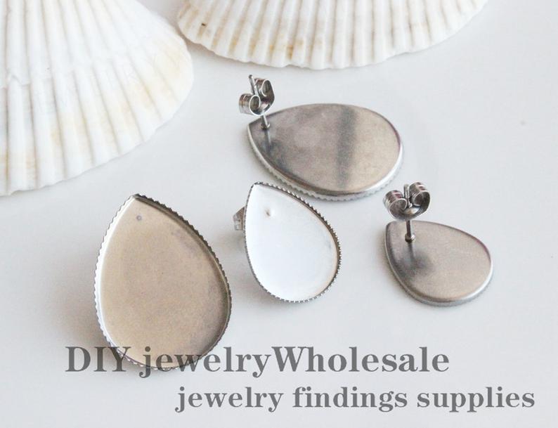 20pcs Stainless Steel Teardrop 13x18mm/18x25mm Bezel Earrings Studs Base, Stainless Steel Earrings Blanks wholesale