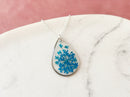 Blue Flower Teardrop Necklace For Women Handmade With Resin and Real Flowers, Bridesmaid Gift For Her, Silver and Blue Necklace