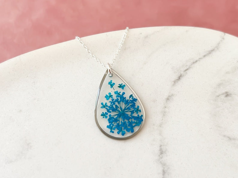 Blue Flower Teardrop Necklace For Women Handmade With Resin and Real Flowers, Bridesmaid Gift For Her, Silver and Blue Necklace