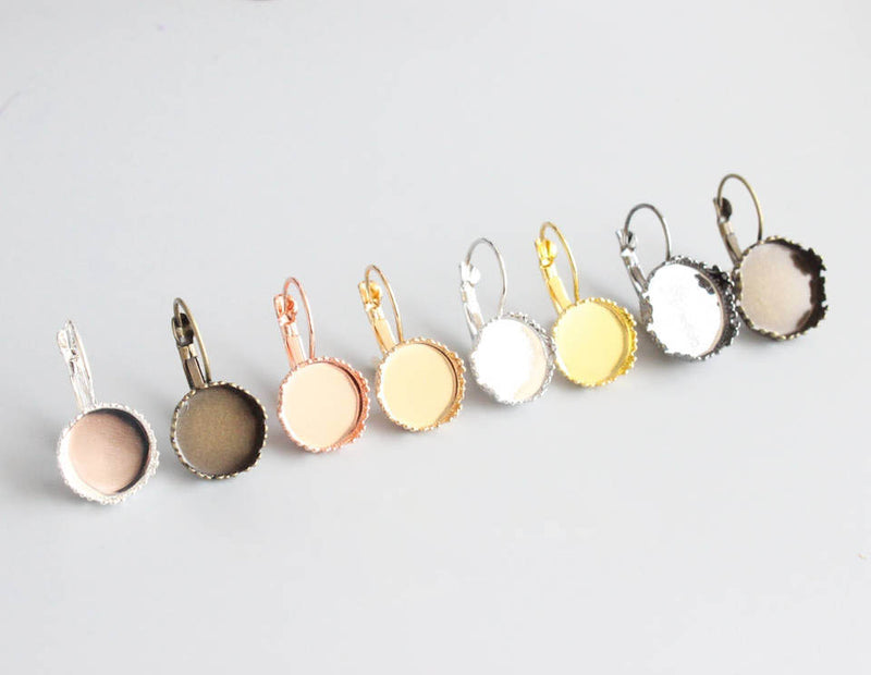 20pcs 12mm 15mm Crown Brass French Earwires Hook With Round Pad, Earring Bases setting Blanks